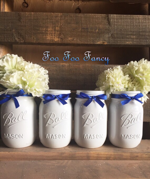 White Mason Jar Centerpieces With Blue Ribbon Etsy