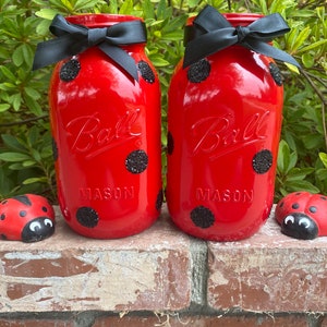 Red and black polka dots mason jar. Lady bug masno jar. Lady bug party decor. Red and Black centerpieces. Lady bug baby shower