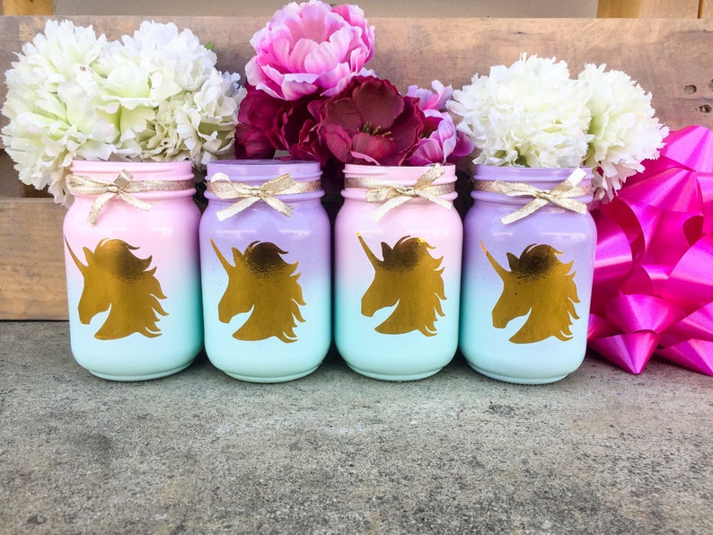 Set of 2. Unicorn mason jars. Unicorn party centerpieces. image 0