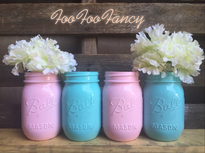 Sale Set Of 4 Blue Pink Mason Jars Centerpieces Party Etsy