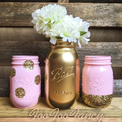 Set of 3 Pink and Gold Mason Jars. Centerpieces. Baby Girl Etsy