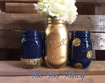 Set of 3 Navy Blue and Gold mason jar centerpieces. Blue and Gold party decor.