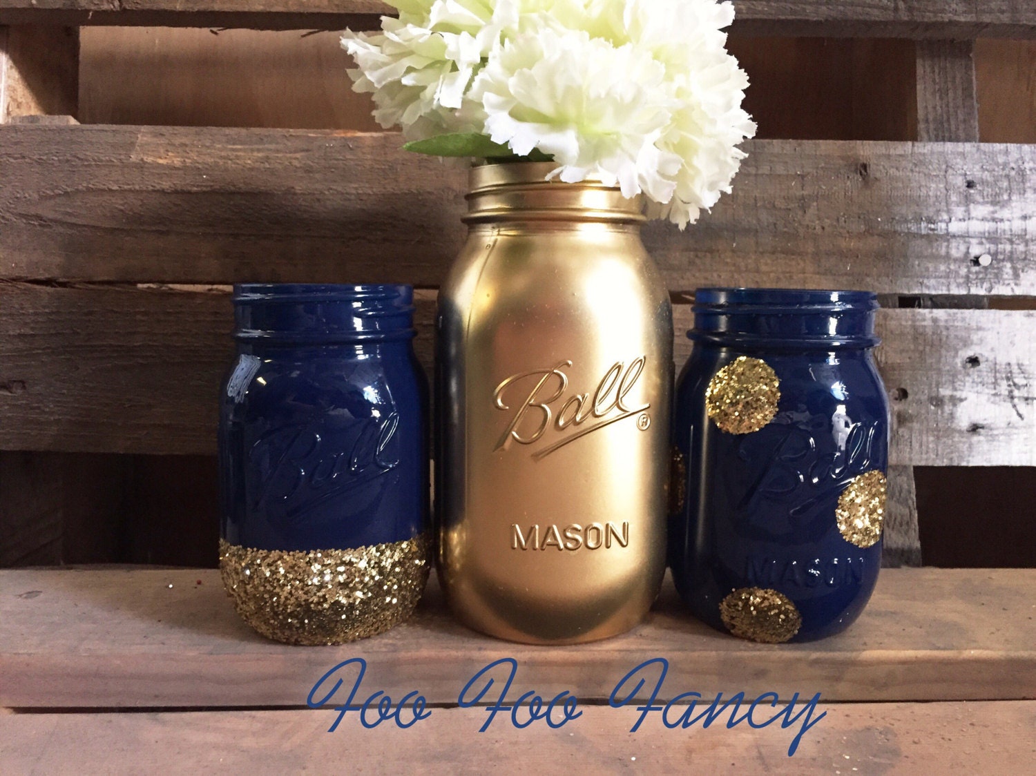 Set of 3 Navy Blue and Gold Mason Jar Centerpieces. Blue and Etsy