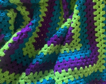Hand Crochet Blue, Green and Purple Giant Granny Square Throw Blanket / Afghan