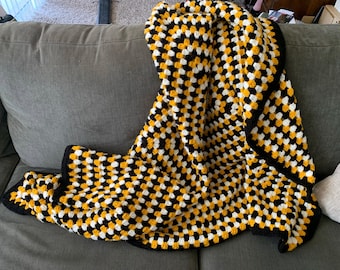 Hand Crocheted Granny Square Throw Blanket (Yellow, Black White)