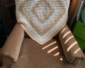 Hand Crochet Giant Granny Square Baby Blanket – Tan, Cream and White