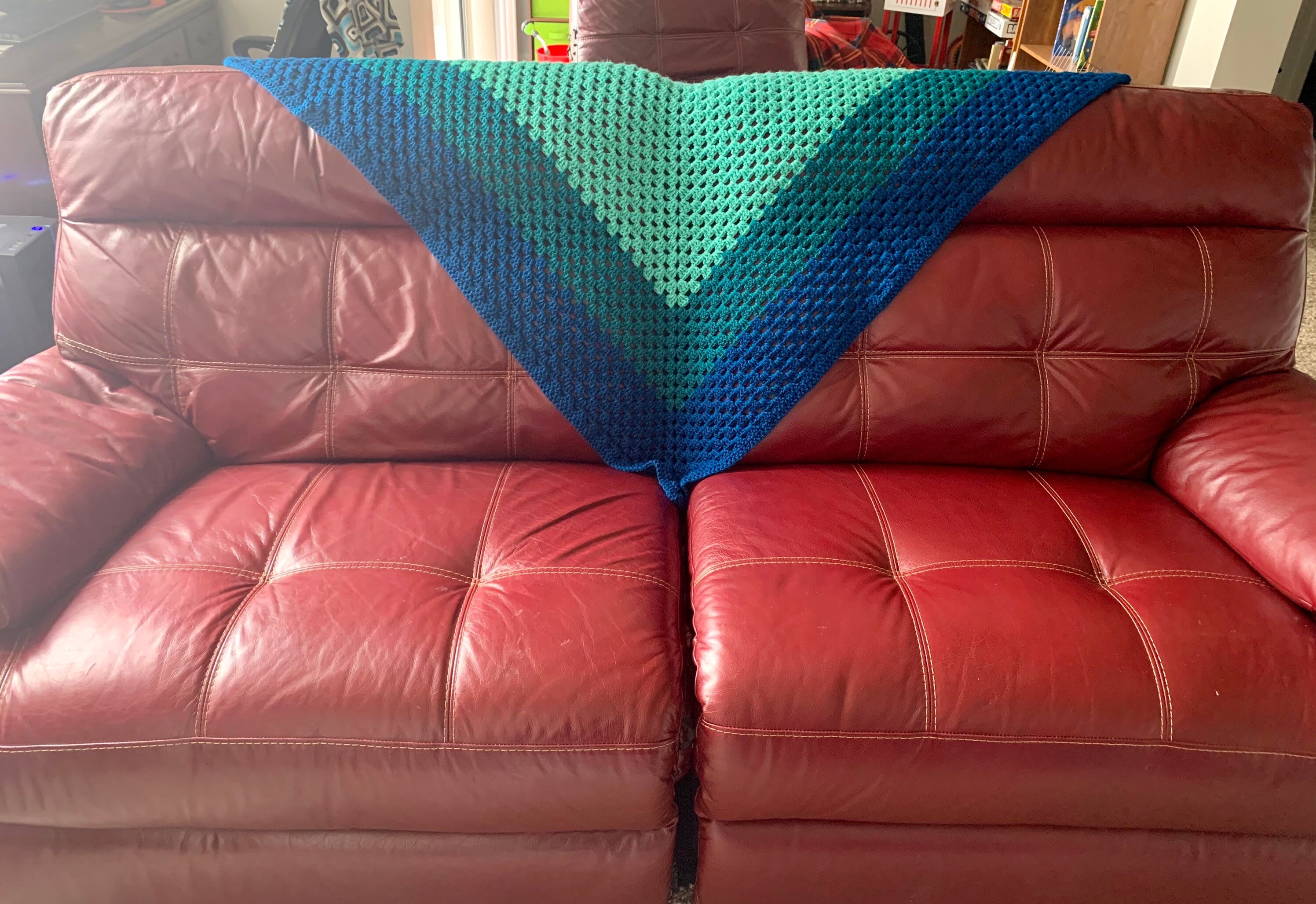 Hand Crocheted Giant Granny Square Lap/ Throw Blanket Afghan turquoise
