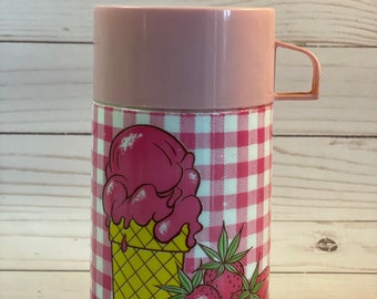 Aladdin Thermo Bottle Pink Ice Cream Cone Strawberries 1970's Vintage