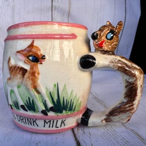 Vintage Ceramic &quot;Always Drink Milk&quot; Bambi Japan Cup Child&#39;s Mug Fawn Deer Chase