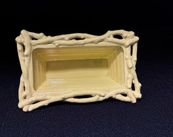 Vintage California Pottery Twig Edge Planter Yellow Glaze MCM Ceramic Dish USA