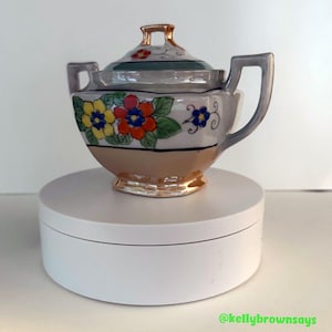 Vintage Japan Luster Ware Flower Sugar Bowl Lid Double Handle