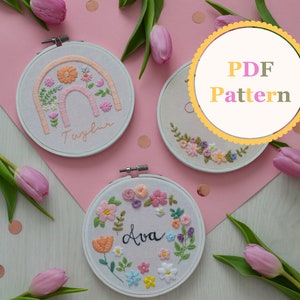 Floral Embroidery Pattern Bundle • Nursery name sign • Embroidery designs • Baby Name embroidery • Nursery wall decor •  Rainbow wall decor