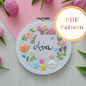 Name Floral Embroidery Pattern • Floral PDF Pattern • Embroidery designs • Floral Wreath • Floral Embroidery • Name designs  • Name Hoop