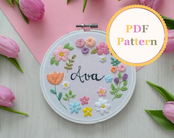 Name Floral Embroidery Pattern • Floral PDF Pattern • Embroidery designs • Floral Wreath • Floral Embroidery • Name designs  • Name Hoop