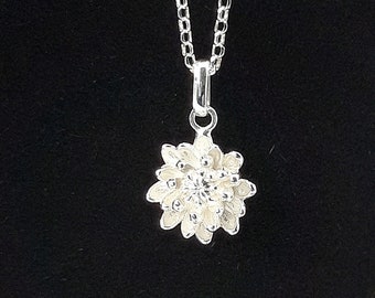 Sterling Silver Chrysanthemum Pendant, Flower Necklace, November Birthday Flower Pendant