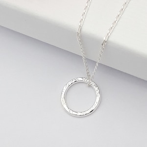 Dainty Sterling Silver Circle Pendant Necklace: Textured Ring