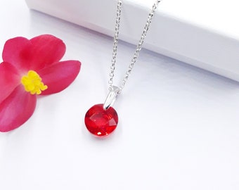 Ruby Colour Crystal Pendant Necklace with Sterling Silver Bail, Light Sian Crystal Pendant, July Birthday