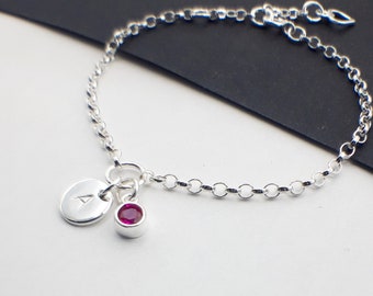Sterling silver initial and cz birthstone chain bracelet