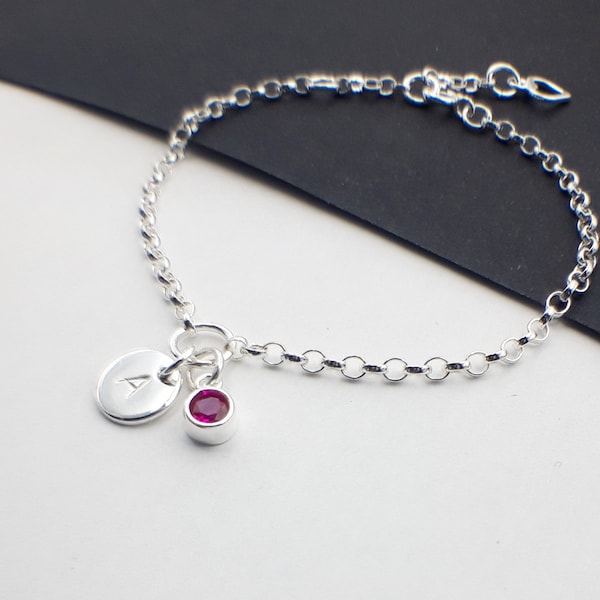 Sterling silver initial and cz birthstone chain bracelet