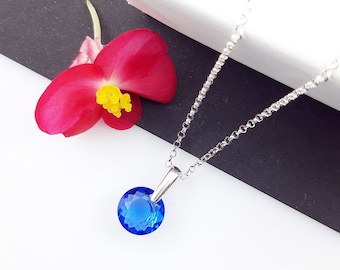 Sapphire Blue Crystal Pendant Necklace with Sterling Silver Bail, September Birthday Pendant, Something Blue Pendant for Bride