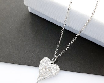 Sterling Silver and CZ Heart Shaped Pendant, Silver and Cubic Zirconia Necklace