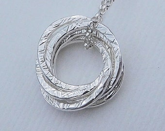 Hammered Sterling Silver Entwined Rings Necklace, Russian Wedding Pendant, 50th Birthday Or Anniversary Gift