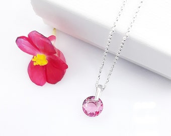 Rose Pink Crystal Pendant Necklace with Sterling Silver Bail, Pink Crystal Pendant Necklace