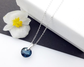 Dark Blue Colour Crystal Pendant Necklace with Sterling Silver Bail, Navy Blue Crystal Necklace, Smoky Blue Pendant, Montana Blue Crystal