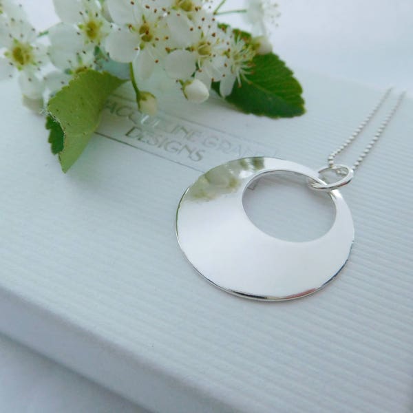 Sterling Silver Large Disc Necklace, Domed Open Circle Necklace, Geometric necklace, Donut Shaped Pendant, Statement Necklace, Round Pendant