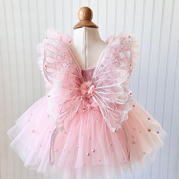 Butterfly Dress and Wings, Blush Dress, Baby Dress, First Birthday Dress, Flower Dress, Garden Dress