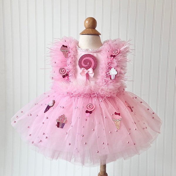 Robe rose Candyland, robe premier anniversaire, robe perlée rose, robe sucette, robe tutu rose