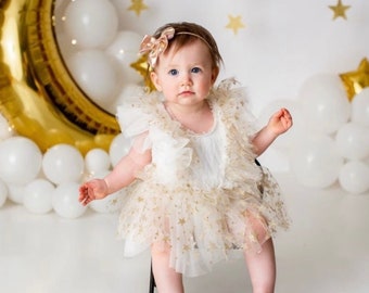 Robe à volants, Robe dorée, Robe en tulle, Robe de premier anniversaire, Robe de fille, Robe à étoile, Robe d'anniversaire