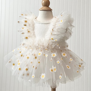 Daisy Floral Tulle Romper: Ivory Knit Baby Girl Dress