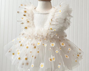 Daisy Romper,  Flower Romper, Tulle Romper, Ruffle Romper, Newborn Outfit, Baby Girl Dress, Photo Props, Yellow and White Romper