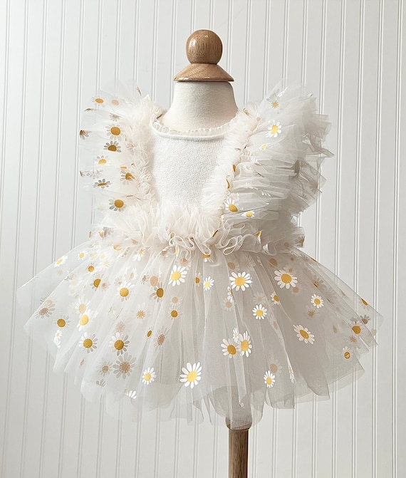 Buy Daisy Floral Tulle Romper: Ivory Knit Baby Girl Dress Online
