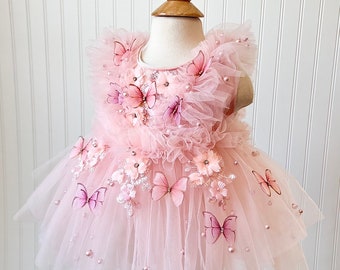 Hadley Butterfly and Flower Dress, Blush Dress, Baby Dress, First Birthday Dress, Flower Dress, Garden Dress