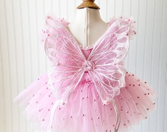 Pink Butterfly Dress and Wings, Pink Dress, Baby Dress, First Birthday Dress, Flower Dress, Garden Dress