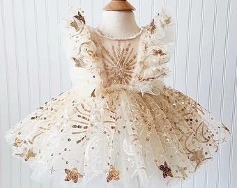 Falling Stars Dress, Girls Birthday Dress, Gold Dress, Space Dress - Etsy
