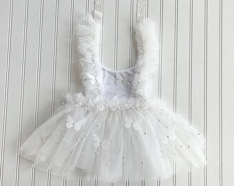 White Butterfly Romper,  White Beaded Romper, Baby Romper, First Birthday Outfit, Pearl Romper