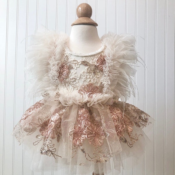Alice Floral Dress, First Birthday Dress, Flower Dress,  Tulle Dress, Feather Dress