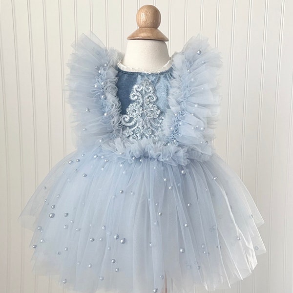 Blue Pearl Dress, Light Blue Dress, Baby Dress, First Birthday Dress, Velvet Dress