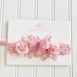 Butterfly Tieback, Flower Headband, Elastic Headband, Girl Accessories, Photo Props, Pink Pearl Tieback