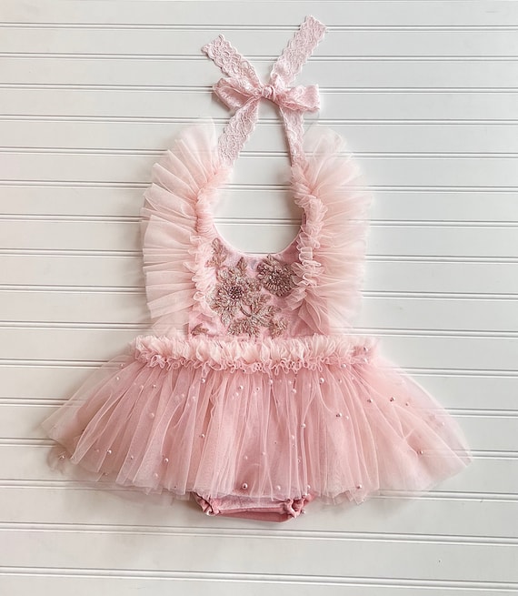 Pink Velvet Baby Romper: Pearl Tulle, Floral Appliqué, Open Back