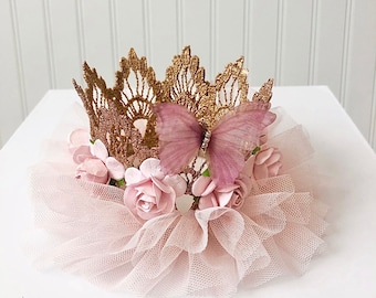 Gold Butterfly Crown in Blush