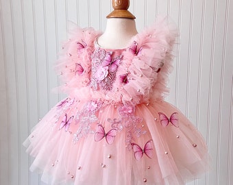 Robe papillon et à fleurs Aubrey, robe rose poudré, robe pour bébé, robe de premier anniversaire, robe à fleurs, robe rose poudré et rose