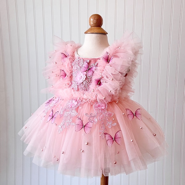Aubrey Butterfly and Flower Dress, Blush Dress, Baby Dress, First Birthday Dress, Flower Dress, Blush and Pink Dress