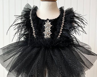 Rhinestone Tutu Dress in Black, Feather Dress, Baby Dress, First Birthday Dress, Glitter Tutu Dress