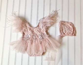 Blush Lace Romper and Bonnet, Newborn Outfit, Baby Romper, Baby Bonnet, Feather Dress