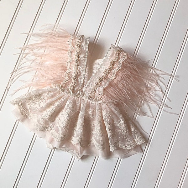 Lace Feather Baby Romper, Ivory Knit, Open V-Neck