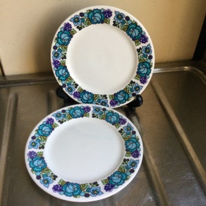 May include: Two white ceramic plates with a blue, green, and purple floral pattern around the rim.